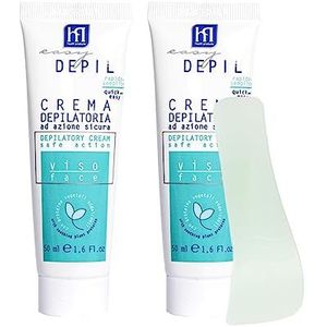 Easy Depil Set van 2 gezichtshaarcrèmes (spikkels, wanghaar, kin, wenkbrauwen) 50 ml, snel en eenvoudig te bedienen, effectief, veilig, met verzachtende plantaardige eiwitten.