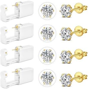 NIUSIMAN Oorpiercing-set, 4 stuks, 316L chirurgisch roestvrij staal, 4 mm en 5 mm, zirkonia, voor thuis, met oorstekers, Roestvrij staal
