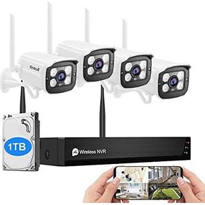 JideTech 8CH Bewakingscameraset, WLAN audiobewakingssysteem voor buiten, 4 stuks, 1080P, IP, wifi, audio, H.265, IR bewegingsdetectie, nachtzicht (1 TB harde schijf), JD4NK103T8F-2MPW, wit