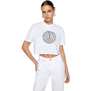 TRENDYOL Trendyol Dames standaard casual geweven opstaande kraag T-shirt damesshirt (1 stuk), Wit
