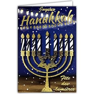 Afie 68-8006 kaart Happy Hanukkah Hanukka Joods feest van de lichten judendom kandelaar met 9 takken Davidster in goud glanzende slingers tol 4-zijdig wit formaat 17,5 x 12 cm