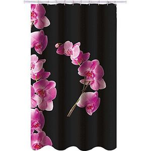 MSV LANYU Douchegordijn, polyester, 180 x 200 cm, bloemenmotief, zwart en roze, inclusief ringen