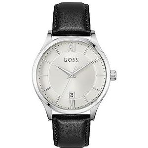 BOSS 1513893 Herenhorloge, analoog, multifunctioneel, kwarts, met zwarte leren band, zilver., riem