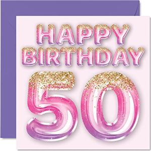 Verjaardagskaart voor de 50e verjaardag voor vrouwen - ballonnen met glitter roze en paars - verjaardagskaarten voor vrouwen voor de 50e verjaardag mama oma oma tante 145 mm x 145 mm