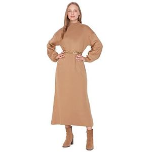 Trendyol Woman Design Midi Jile V-Neck Knitwear Dress Robe Femme, Camel, XL