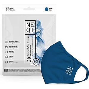 neqi 3 x stoffen gezichtsmaskers – herbruikbaar masker met aantrekkelijk design (kinderen van 6 tot 10 jaar, blauw)