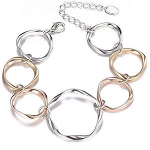 Ouran Armband met schakelketting voor dames, ronde cirkels en ring, modieuze armband in roségoud en zilver, leuk cadeau voor mama, vrienden, metaal