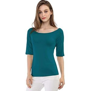 Allegra K Dames T-shirt met halve mouwen en ronde hals, Blauw Groen