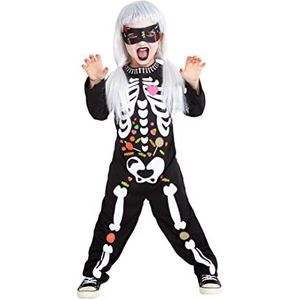 Rubies Candy skeletkostuum voor jongens en meisjes, jumpsuit met opgedrukte details en gezichtsmasker, Orifinal Halloween, carnaval en verjaardag