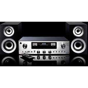 GPO PR200 Premium Series versterker en luidsprekersysteem, Bluetooth-radio met DAB +/FM, vinylopname, AUX, MP3, CD, USB-codering, afstandsbediening, zilver