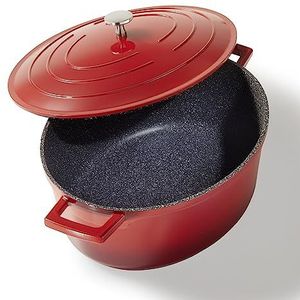 Stoneline Inductiebraadpan 32 cm, 6,6 l, braadpan met deksel van gegoten aluminium met echte steendeeltjes, ovenbestendig, kleur: rood