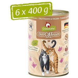 GranataPet DeliCatessen kalkoen & fazant, natte voer voor je kat, voedsel voor katten zonder granen en zonder toegevoegde suikers, lekker en gezond voer voor gourmets, 6 x 400 g blikken