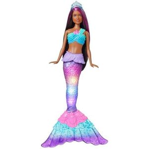 Barbie - Barbie Dreamtopia zeemeerminpop met glinsterende lichten – bruin, rozenstrengen – licht geactiveerd bij contact met water – 30 cm – cadeau vanaf 3 jaar, HDJ37