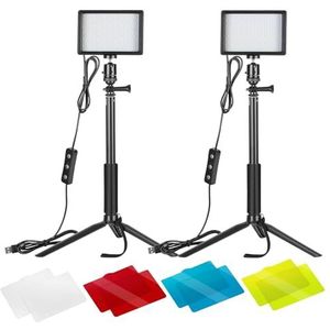 Neewer 2-pack dimbare 5600K USB-LED-videolamp met instelbaar statiefkleurenfilter voor tafelopnamen met platte hoek Kleurrijke verlichting productportret YouTube-videofotografie