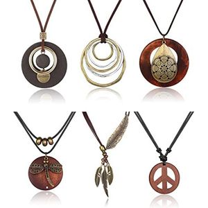 JeweBella 6 stuks lange hanger ketting voor dames vintage hout levensboom veer ketting boho etnische lange kettingen trui set, Hout