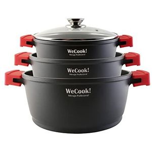 WECOOK! Ecostone Set van 6 pannen van gegoten aluminium, 5 mm, 3 pannen met antiaanbaklaag, XTRA DUPON zonder PFOA, set glazen potten, siliconen handgrepen, glaskeramiek, gas, Stone3