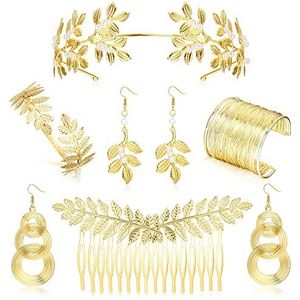 Kakonia Gouden bladeren bruids haarkam voor vrouwen bruiloft feest Griekse godin kostuum accessoires set Grieks blad hoofdband spoel armband kunstmatige parel oorbellen roestvrij staal, Roestvrij