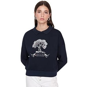 Trendyol Sweatshirt met kraag, shirt met slogan boyfriend dames, marineblauw, XS, Navy Blauw