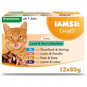 IAMS Delights Natvoer voor volwassen katten, gesteriliseerd of niet, set van 12 vershoudzakjes, 4 recepten voor aarde/zee, gelei, zonder GMO, zonder kunstmatige kleurstoffen of aroma's, 12 x 85 g