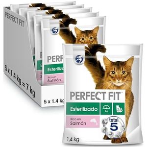 PERFECT FIT Droogvoer voor volwassen katten, gesteriliseerd, rijk aan zalm, 5 zakken à 1,4 kg, compleet en uitgebalanceerd voer, voor het behoud van vitaliteit en beweeglijkheid