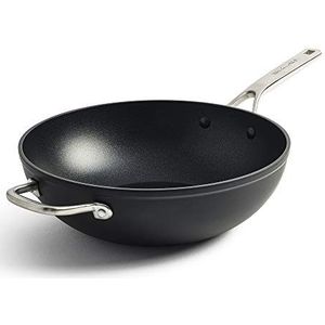 KitchenAid Gesmede aluminium 30 cm/5 liter harde geanodiseerde keramische wok met antiaanbaklaag, PFAS-vrij, geschikt voor inductie en oven, zwart.