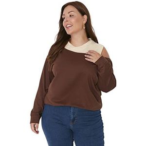Trendyol Effen sweatshirt met ronde hals in grote maten voor dames, bruin, XL, Bruin
