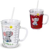 Relaxdays Set van 2 waterglazen voor kinderen, olifant, met handvat, deksel en rietje, 400 ml, transparant