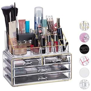 Relaxdays Make-up organizer acryl, 2-delige make-up bewaardoos met lippenstifthouder en 4 laden, transparant/goud