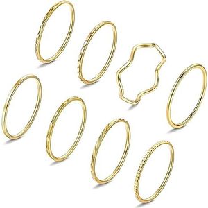 Diamday Set van 8 dunne stapelringen van roestvrij staal voor dames, 1 mm, eenvoudig en effen, stapelbare ringen voor middelvinger en vingerkootjes, comfortabele modieuze ring J-T 1/2, zilver en goud