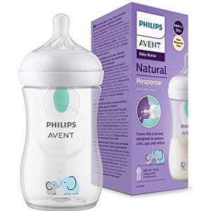 Philips Avent Natural Response Zuigfles 260 ml met AirFree ventiel, BPA-vrij, voor baby's vanaf 1 maand, olifantenmotief (model SCY673/81)