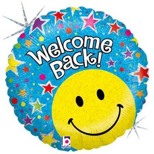 Betallic F86691P Opblaasbare ballon van kunststof folie met opschrift ""Welcome Back"" en smiley-motief in hologram, 45,7 cm