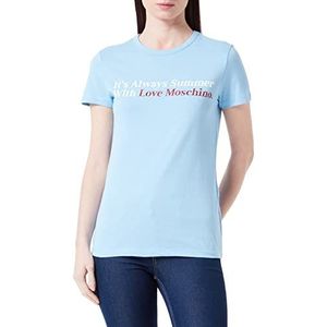 Love Moschino Slim Fit Korte Mouw met Summer Slogan Water Print en Glitter Details Dames T-shirt, Lichtblauw