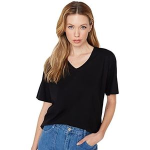 Trendyol T-shirt en tricot Boyfriend basique à col en V pour femme, Noir, M