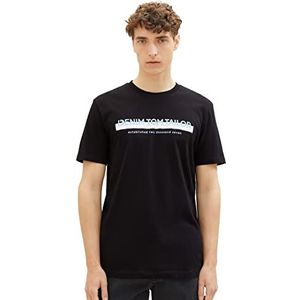 TOM TAILOR Denim slim fit T-shirt voor heren met logoprint van katoen, 29999 - Zwart