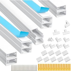 Romon Kabelplug voor wandmontage, 4 m kabelgoot met ogen, wit, kabelafdekking voor tv, kabelgoot zelfklevend met verbindingen, ellebogen, kabelband, 0,4 m x 20 x 10 mm, 10 stuks