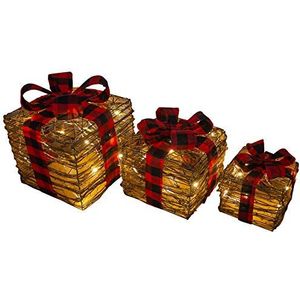 SHATCHI Kerstpakketten met batterijen van sisal en rotan, goudkleurig, rood/crème/tartan, bruin, 25 cm, 20 cm, 15 cm, 3 stuks