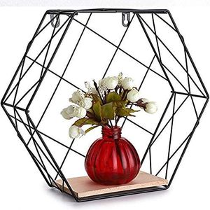 BAKAJI Modern design hexagon wandrek 1 plank zwart metalen frame MDF houten plank afmetingen 25x28cm