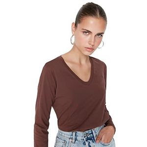 Trendyol T-shirt en tricot à col en V standard standard pour femme, marron, XS
