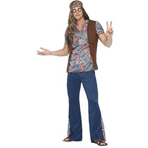 Smiffys 45517S hippiekostuum voor heren, top, broek, bandana en medaillon, maat S, blauw