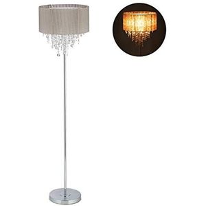 Relaxdays Kristallen vloerlamp, organza lampenkap, ronde voet, E27, staande lamp, h x d: 151,5 x 38 cm, grijs/zilver