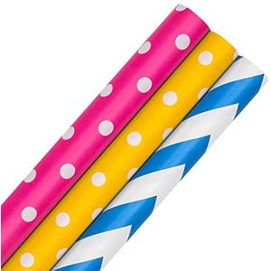 Hallmark Cadeaupapier, 3 rollen cadeaupapier, 3 kleuren, roze, geel, blauw, gestippeld en zigzag, elk 2 m