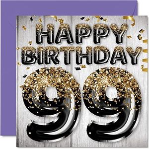 Verjaardagskaart voor de 99e verjaardag voor mannen - ballonnen met pailletten in zwart en goud - verjaardagskaart voor mannen voor de 99e verjaardag papa, opa, opa, oma, 145 mm x 145 mm