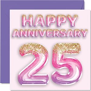 Schattige zilveren verjaardagskaart voor vrouwen, vriendin, echtgenoot, vriend, glitterballon, roze paars, wenskaarten voor de 25e verjaardag van de familie, 145 mm x 145 mm
