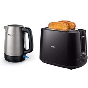 Philips HD9350 / 90 waterkoker (2200 watt, 1,7 liter, roestvrij staal) & HD2581/90 Daily Collection broodrooster, 8 instellingen, toegang, geïntegreerde broodjeswarmer, compact design, zwart