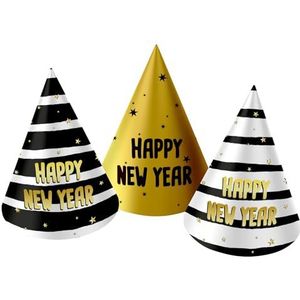 Folat 63752 HNY-set van 6 feestmutsen, zwart/goud, 10 cm, nieuwjaarsdecoratie, vrolijk nieuwjaar, Happy New Year, meerkleurig