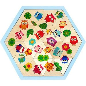 Hess Houten speelgoed 14901 mozaïekspel van hout, zeshoekige vorm, 24-delig, uilen-serie voor kinderen vanaf 3 jaar, handgemaakt, cadeau voor Kerstmis of Pasen