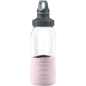 Emsa N31012 Drink2Go drinkfles van glas | inhoud 0,5 liter | schroefsluiting | 100% lekvrij / hygiënisch / zuiver | siliconenhoes | roze poeder