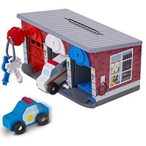 Melissa & Doug Garage met sleutels en noodvoertuigen, 3+, voor jongens of meisjes, houten speelgoed