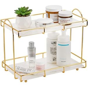 Hacaroa Badkamer aanrecht organizer met gemarmerd dienblad, make-up organizer met 2 niveaus, metalen opbergbak, opbergrek voor cosmetica, commode, parfum,