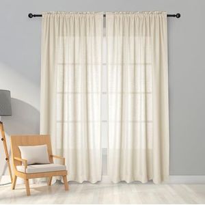 Carvapet Voile gordijnen sjaals transparante gordijnen met plooiband in linnenlook voor woonkamer slaapkamer 260 x 140 cm beige